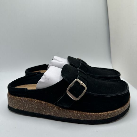 CUSHIONAIRE Women's Genuine Leather Cork Footbed Clog with +Comfort 6 BLACK - Picture 1 of 7